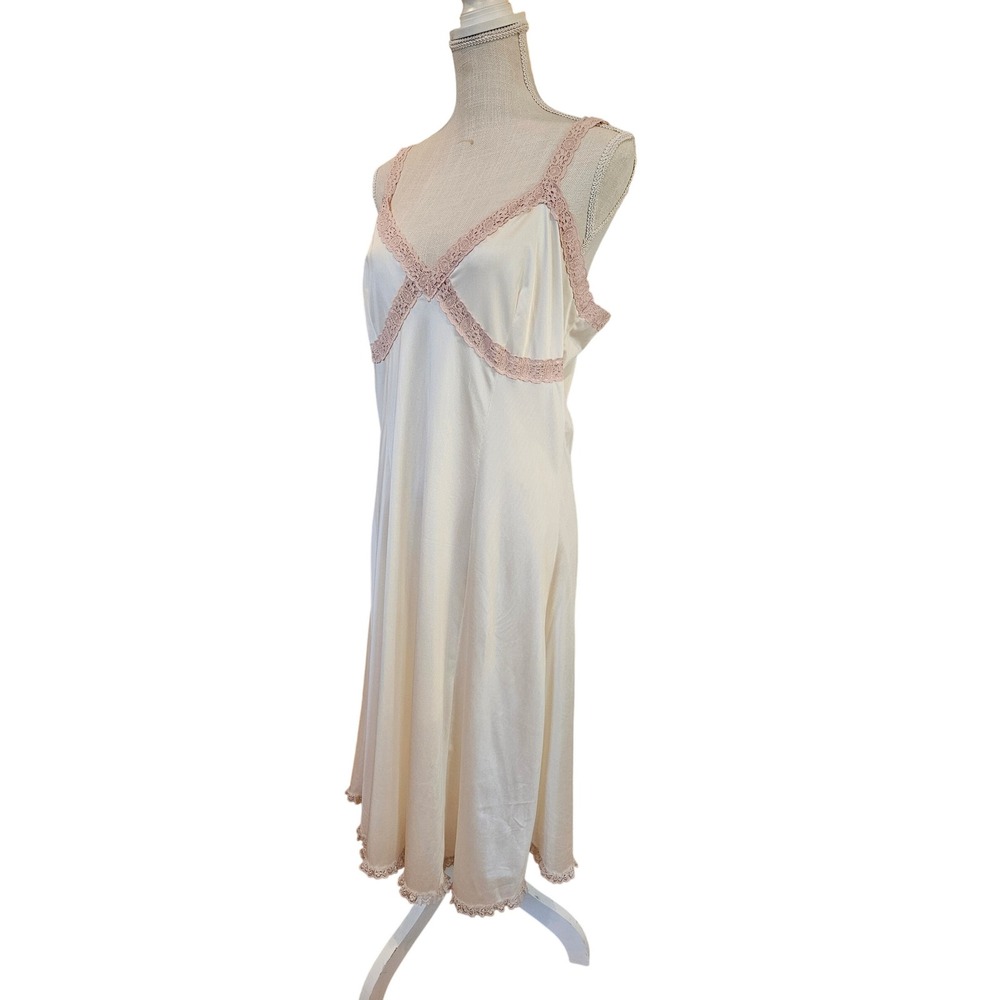 Vintageโ Slip Dress Cream Pink Lace Trim Lingerie Maxi Length